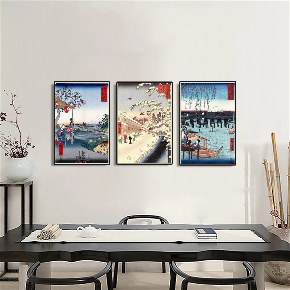 Картина ukiyo e японское классическое искусство холст живопись снежный пейзаж