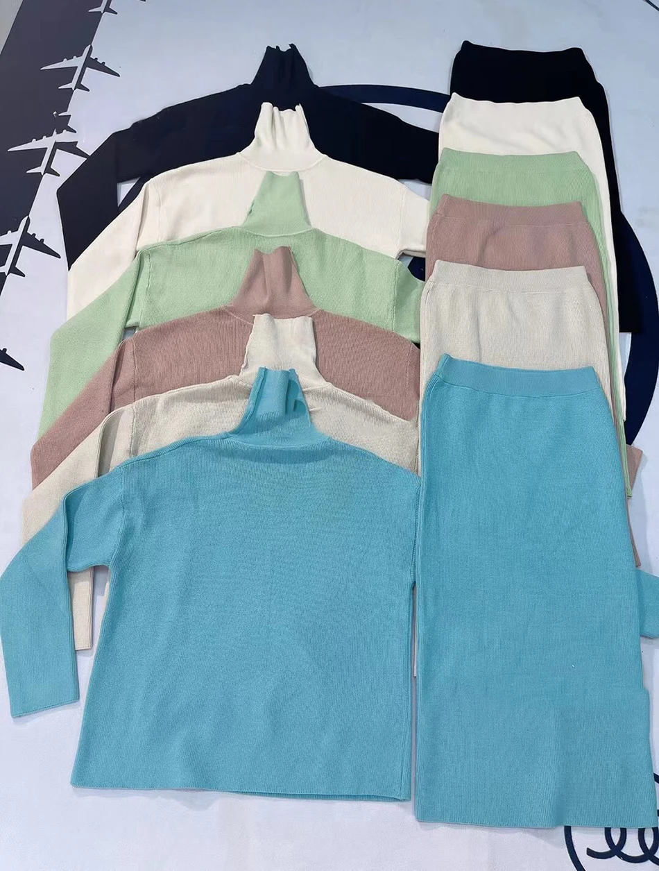 

High Quality Autumn 2021 Women'S Loose Knit 2 Two-Piece Set Sexy High Neck Long Sleeve Pullover + High Waist Skirt Casual Set