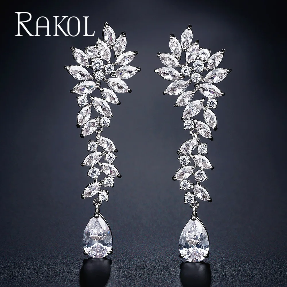 

Роскошные длинные висячие серьги RAKOL серебряного цвета с листьями циркония и кристаллами для женщин, ювелирные изделия для свадебного торж...