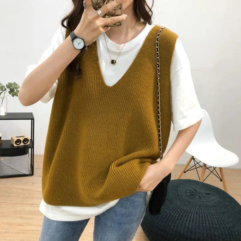 

2021 Autumn Knitted Vest For Women Cardigan Sweater Solid V-Neck Thin Contrast Loose Sweet Elegant Casual All Match Female Tops