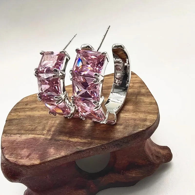 

Pink zircon temperament earrings spring color geometric personality earrings