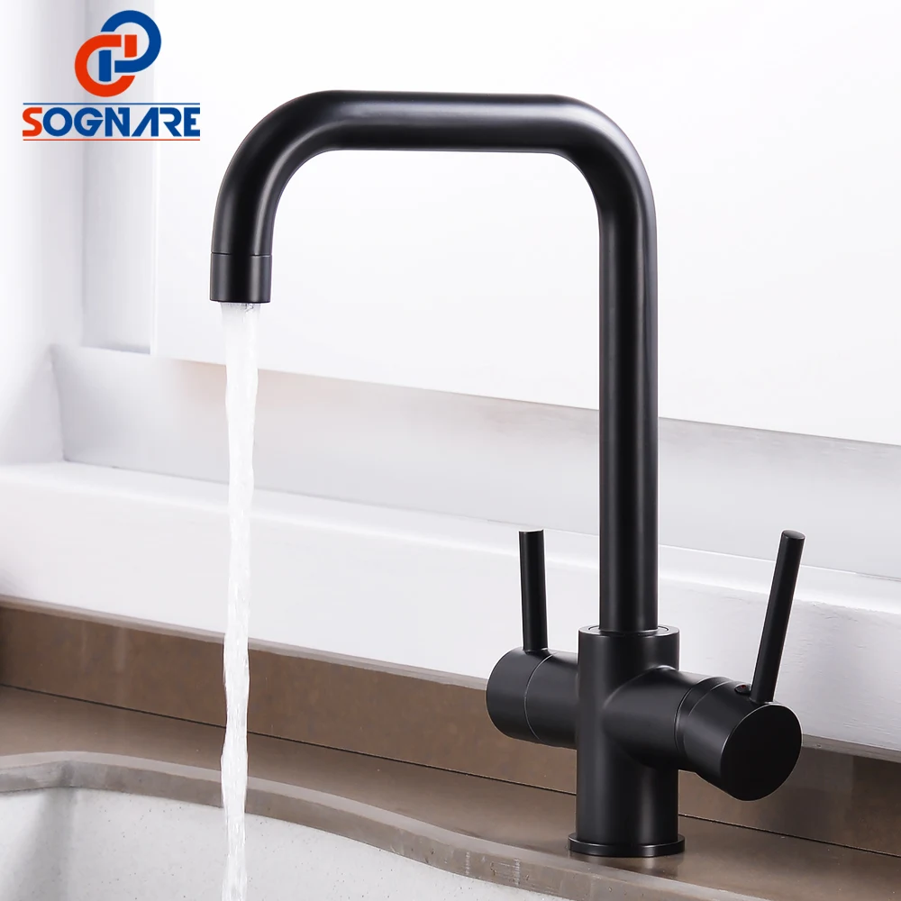 sognare black kitchen faucet drinking water filter faucet dual handle hot cold 3 way filter kitchen mixer taps free global shipping