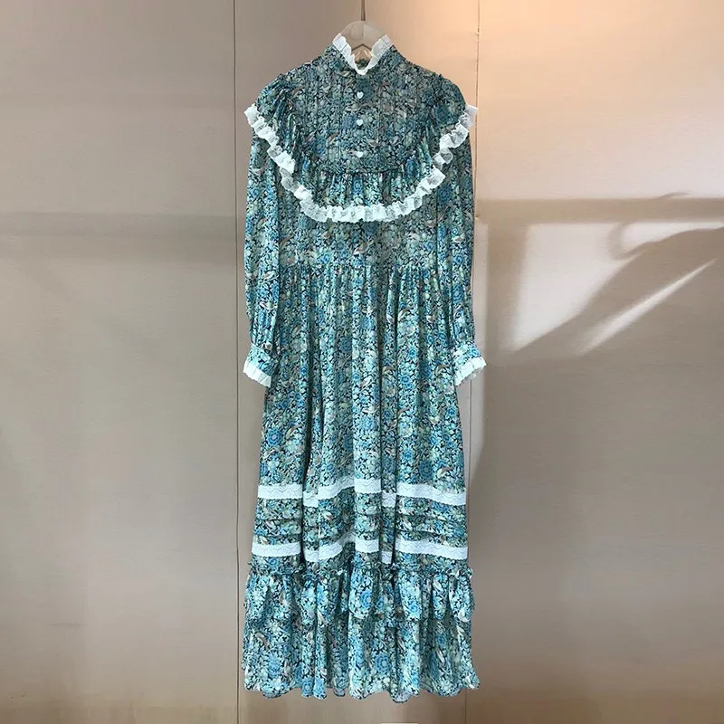 

2020 Autumn New Arrive Top Quality Italy Vintage Style Turtleneck White Lace Patchwork Long Sleeve Womens Elegant Floral Dresses