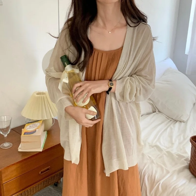 

Korean Chic Cardigan Summer French Pleated Loose Suspender Dress Holiday Style Sunscreen Knitted Cardigan Two-piece Set