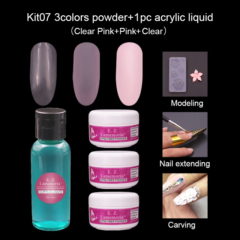 7 цветов акриловый порошок прозрачный розовый белый набор для наращивания ногтей