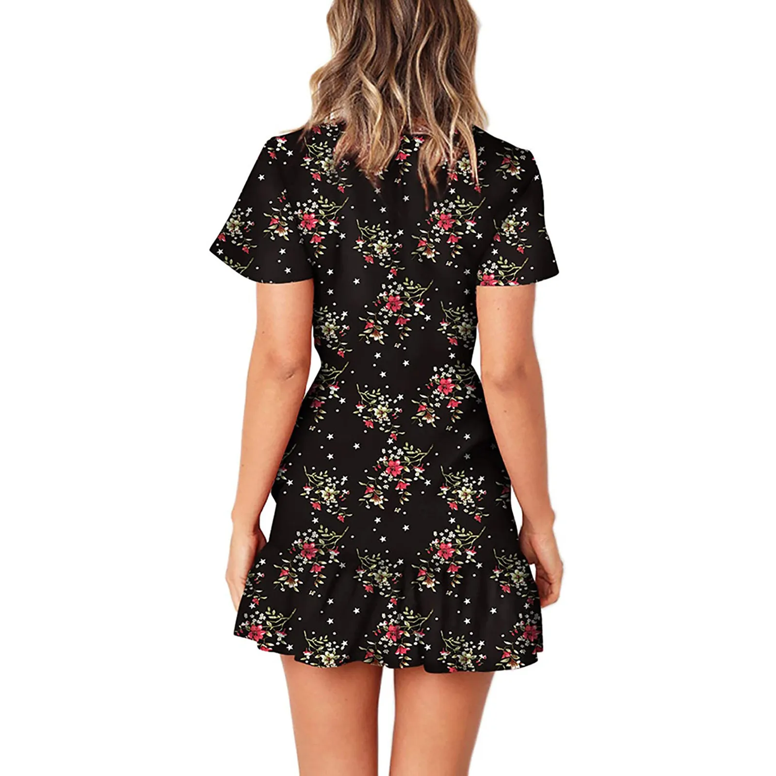 

2021 Women's Floral Dress Summer Dresses Short-sleeved High Waist V-neck Print Lace-up Ruffle Dress Woman Silm Party Dresses