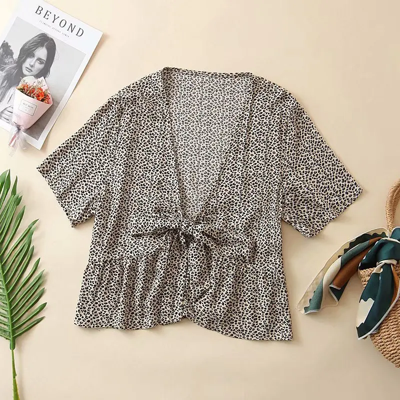 Женская леопардовая блузка TMODA Летняя Повседневная рубашка с глубоким v образным