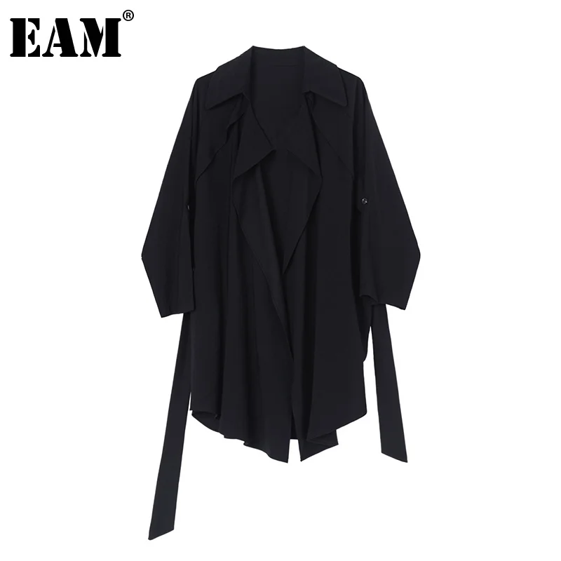 

[EAM] женский короткий Тренч большого размера, новый свободный Тренч с отворотом и длинным рукавом, модная ветровка, весна-осень 2021, 1Z163