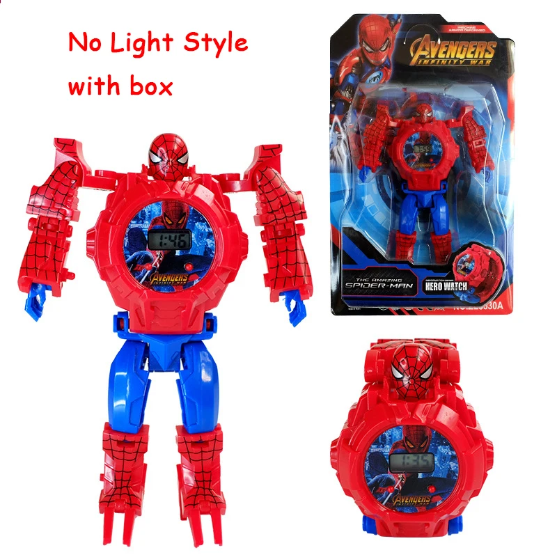 Spiderman A boxed Мультфильм робот часы игрушки деформации Мстители дети трансформации Супер Герои Капитан Америка Железный человек наручные часы фигурка игрушка - Цвет: Spiderman A boxed