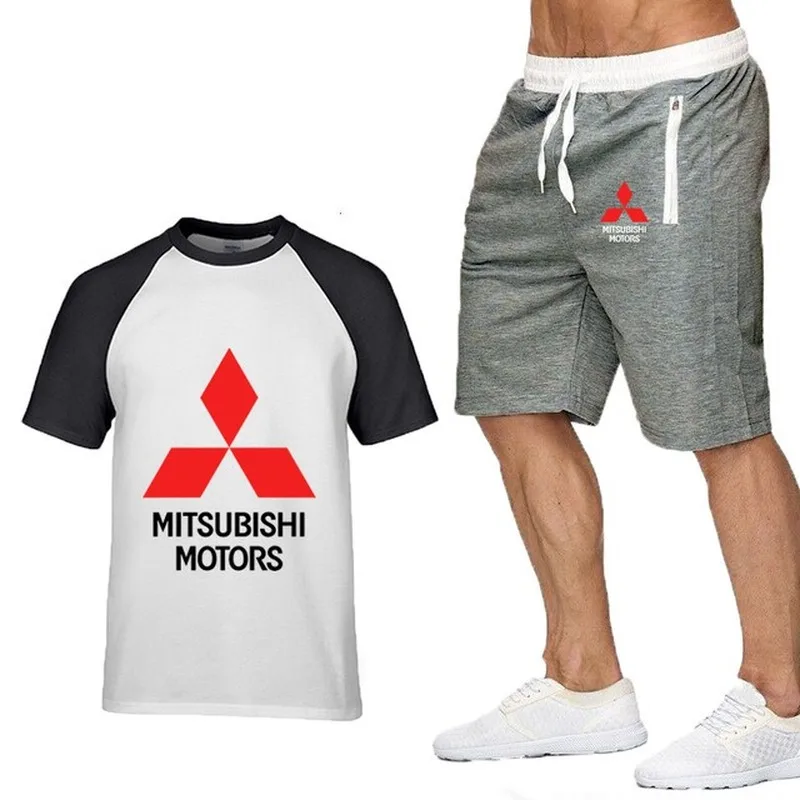 

Summer Men's short sleeve Mitsubishi Car Logo high quality Crew neck Mens High Quality CottonT-Shirt Pants Suit 2Pcs H