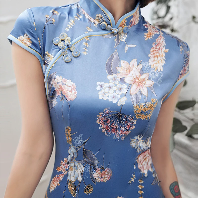 

Cheongsam print short sleeve 2020 new slim banquet dress performance Qipao dress sexy split robe chinoise chinese traditional
