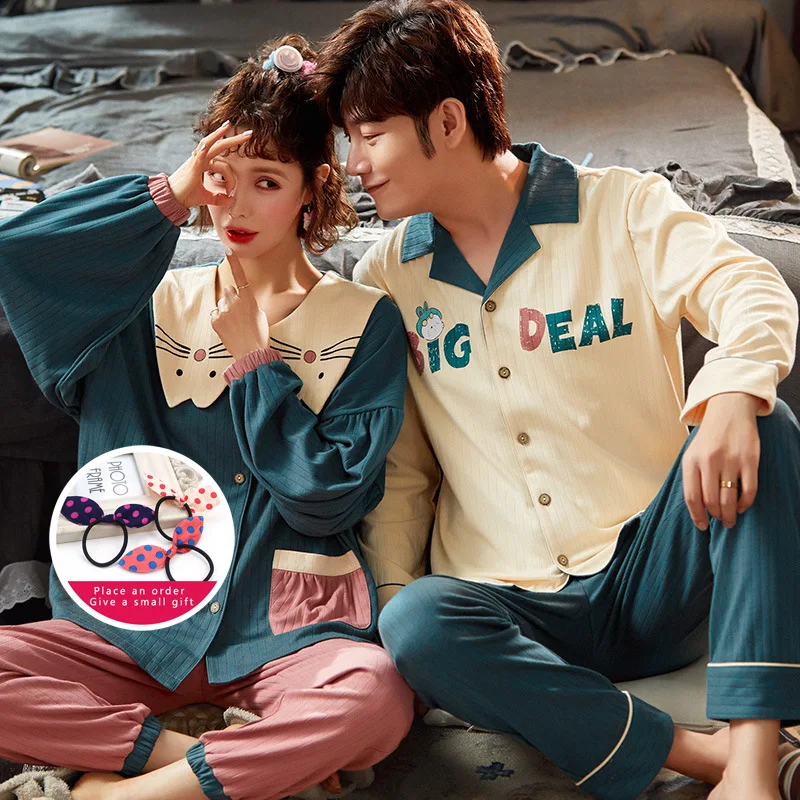 

Couple Pajamas Set Autumn Cute Cat Cardigan Pyjamas Women and Men Pajamas Long Sleeve Sleepwear Lounge Pijama Plus Size Pajama