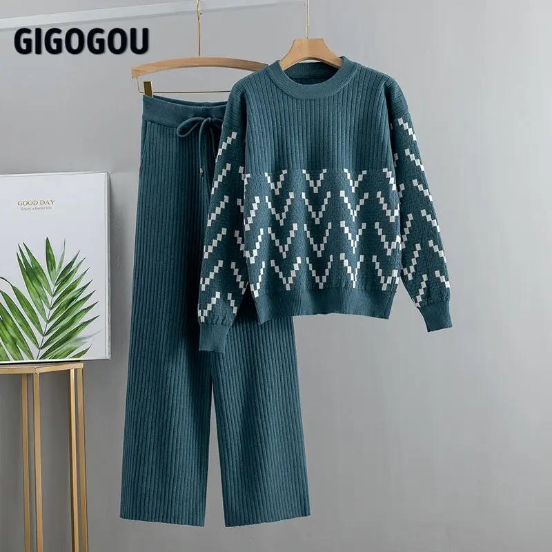 

GIGOGOU Women Sweater Two Piece Knitted Sets Jacquard Tracksuit Chic Pullover Crewneck Long Sleeve Top Wide Leg Pants 2020