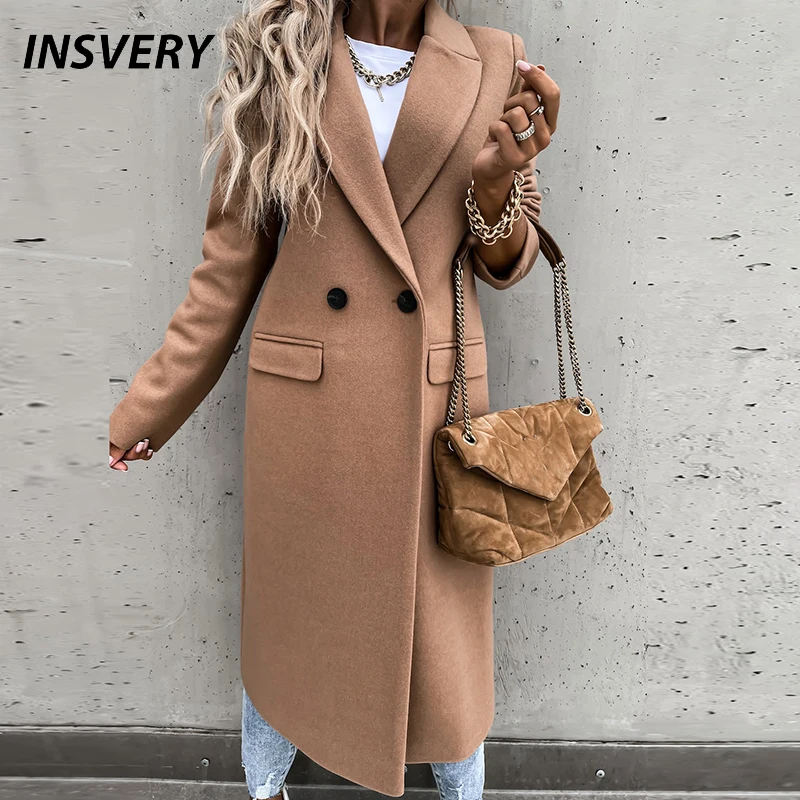 

Осенне-зимнее шерстяное пальто, топы 2021, модное длинное пальто с отложным воротником, женское элегантное пальто, Офисная Женская куртка на пуговицах