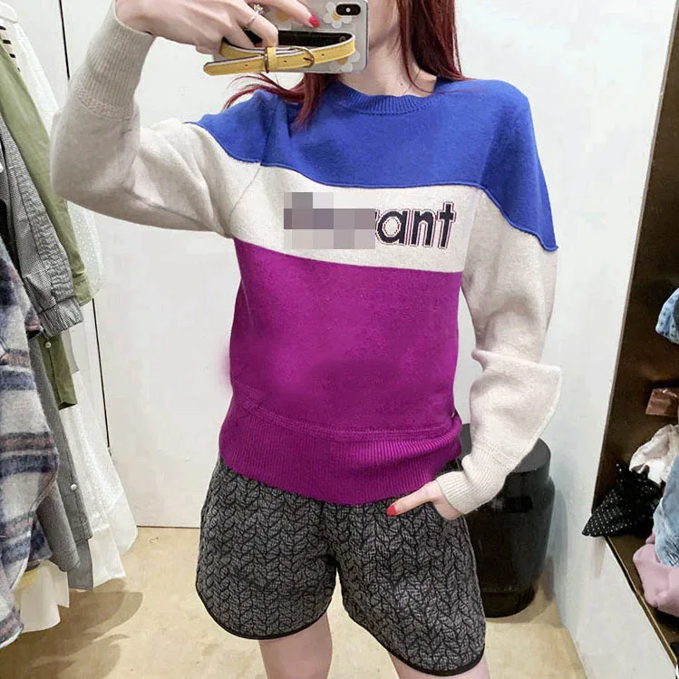 Женский свитер осень зима пуловер цветной блок с буквенным принтом длинный рукав свободный свитер