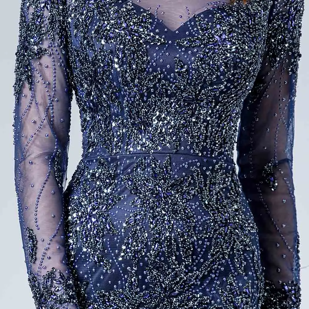 

2021 Elegant Navy Long Sleeve Evening Dresses Mermaid Formal Party Gown Muslim Tulle Crystals Beaded Vestidos YQLNNE