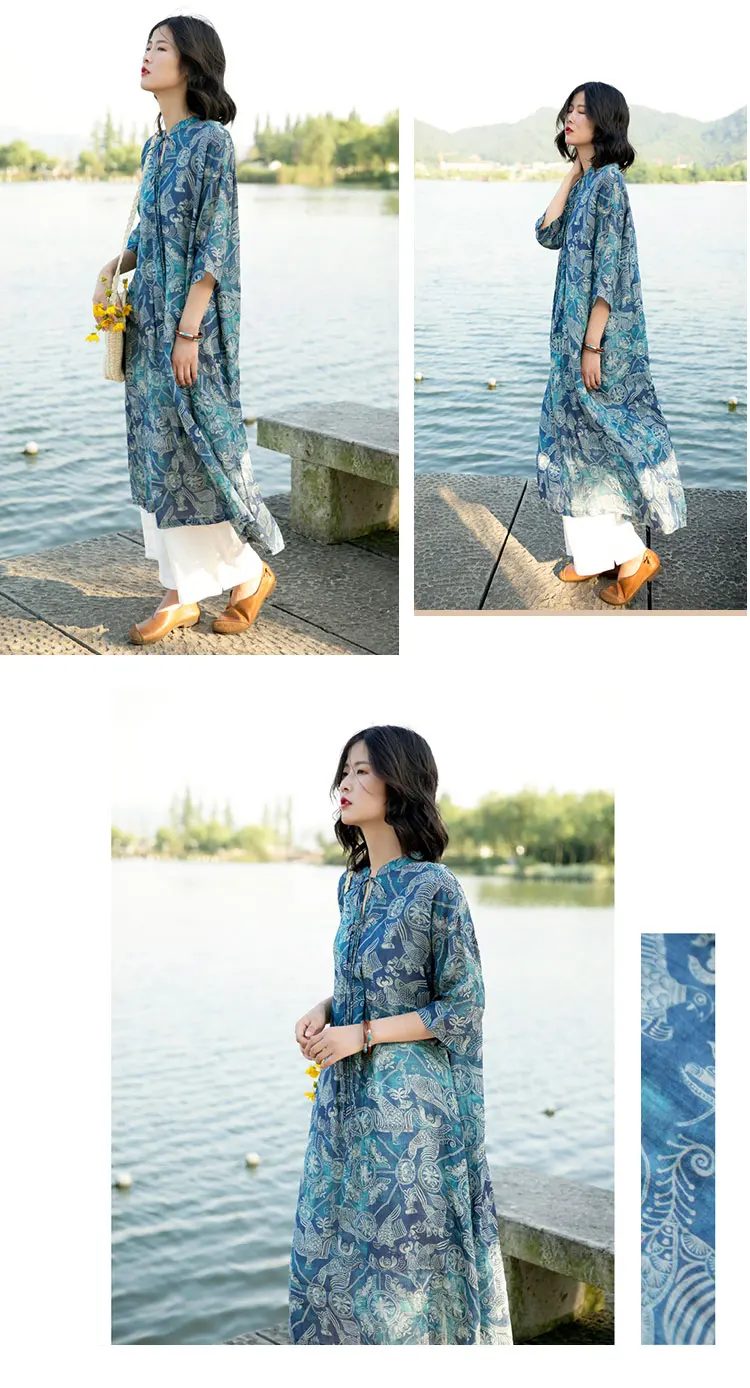 SCUWLINEN женское летнее платье в винтажном стиле с принтом, с длинными свободными рукавами ТРАПЕЦИЕВИДНОЕ ПЛАТЬЕ из рами повседневные пляжные платья Vestidos S938