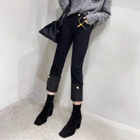 high waist revers cropped pants for women black blue cuffs straight jeans autumn winter clothing womens super stretchy jeans