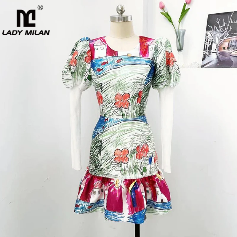 

Женское модельное платье с круглым вырезом, короткое лоскутное платье с длинными рукавами, оборками и принтом Добби в стиле High Street, платья