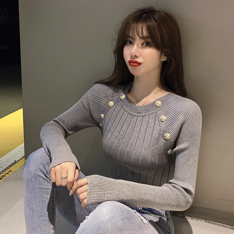 Модный вязаный свитер с золотыми пуговицами женская одежда круглым вырезом