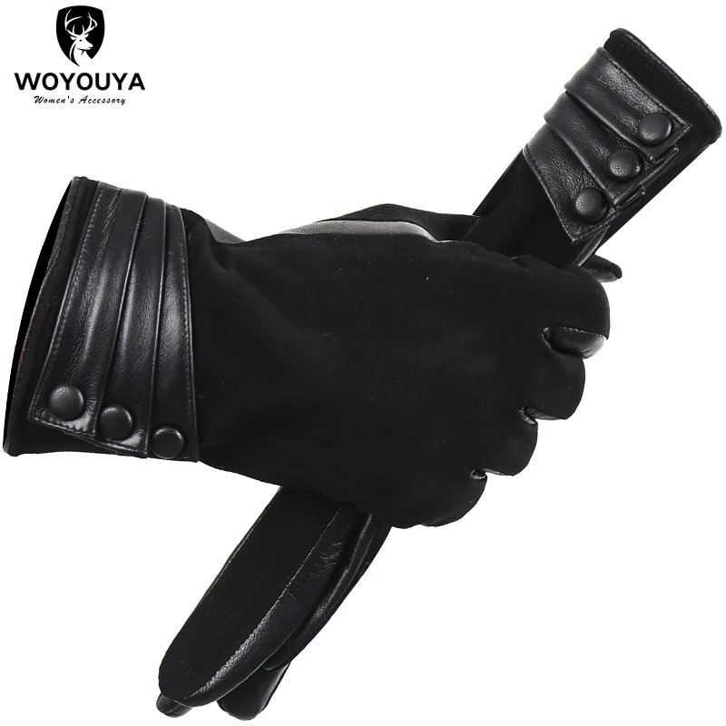 Fashion suede sheepskin Women's gloves,black comfortable leather gloves women,warm thick Winter gloves woman-0715