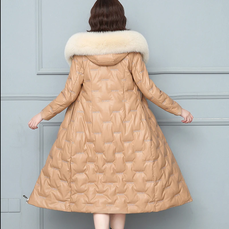 New Women Leather Down Jacket Autumn Winter 2022 Fashion Real Fox Fur Collar Hooded Embroidery Slim Long Sheepskin Down Coat