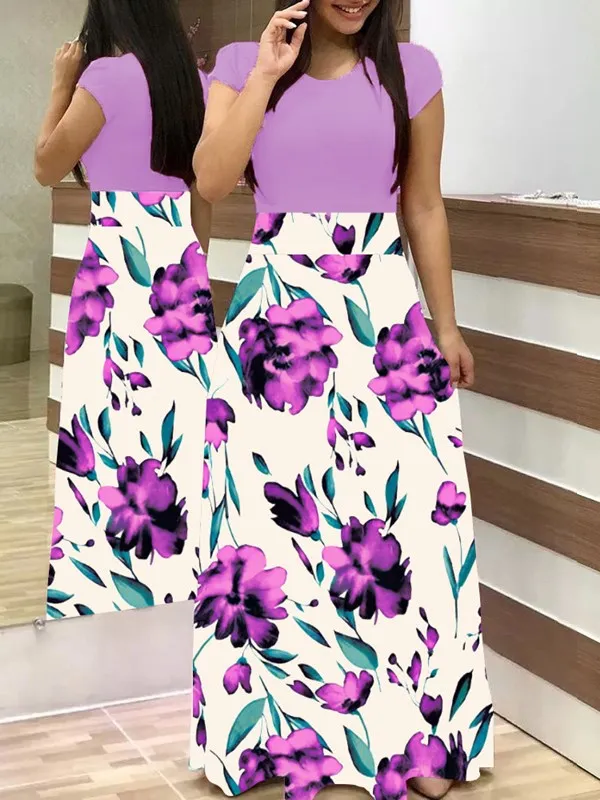 Light purple short Весна-Осень, женское платье, Повседневная Туника с длинным рукавом и круглым вырезом, платья в стиле пэчворк, модное винтажное платье макси с принтом, Vestidos - Цвет: Light purple short