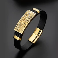 haoyi mens high quality leather bracelet golden punk style faith bracelets wrist jewelry