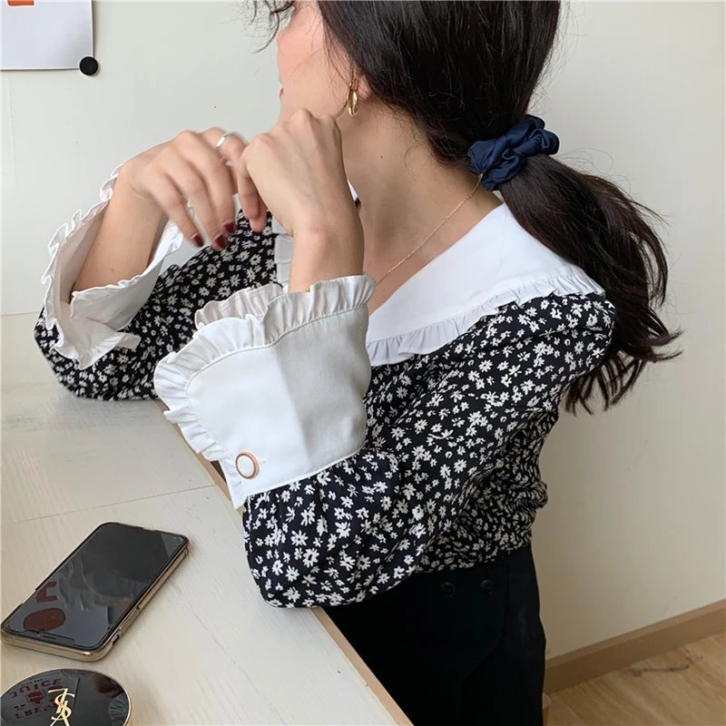 RealShe женская рубашка с воротником Питер Пэн длинный рукав фонарик оборки блузка