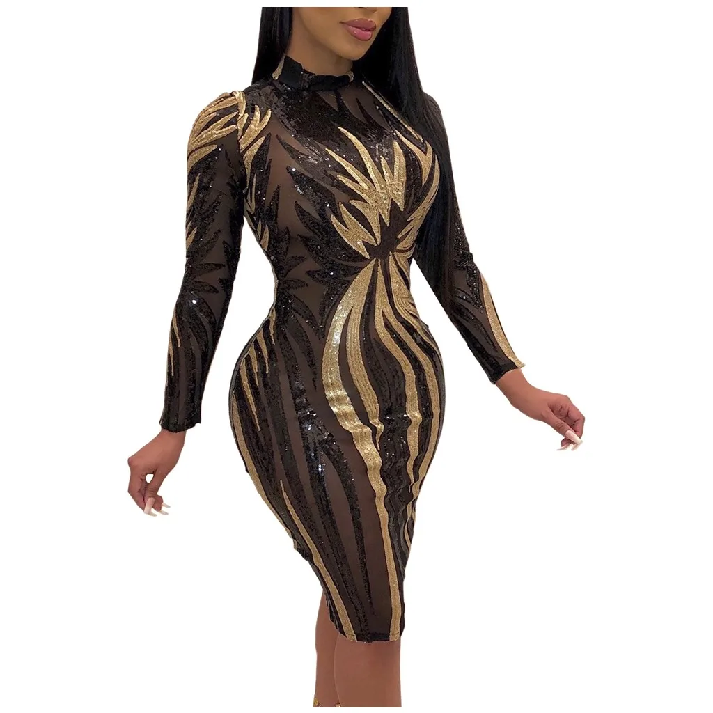 Dresses For Women O-neck Long Sleeve Perspective Sexy Sequin Nightclub Casual Mini Dress Elegant Skirt Gift Ensemble Alt Clothes