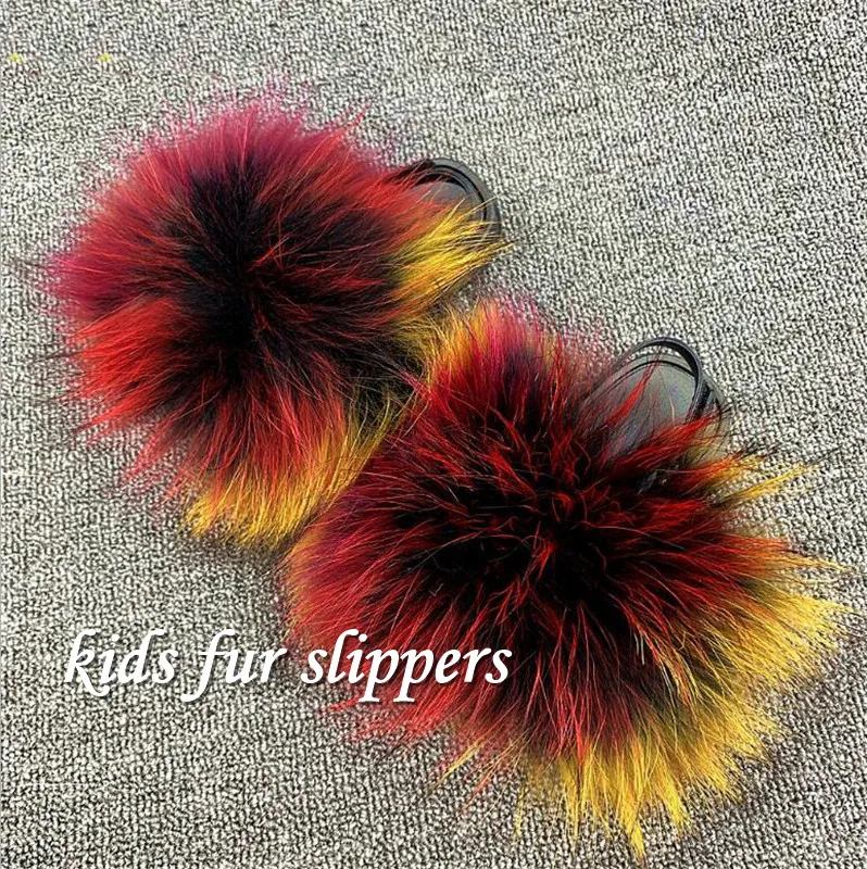 

Children Real Raccoon Fur Slippers Kids Soft Furry Home Sandals Sandals Wholesale Hot Sale Summer Toddler Fur Slides Beach Shoes