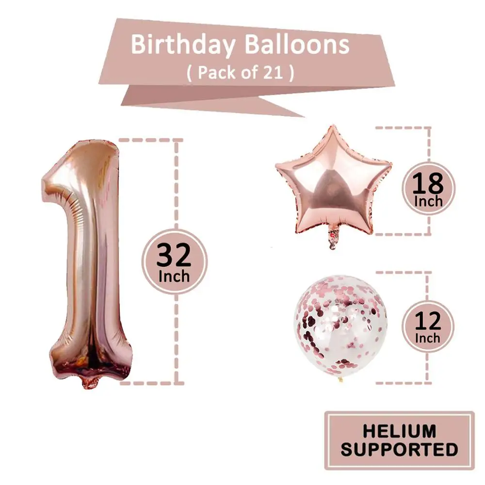 21pcs Rose Gold Mixed Confetti Balloons Happy Birthday Decoration 1st First Baby Boy Girl Party One Year Just Married | Дом и сад