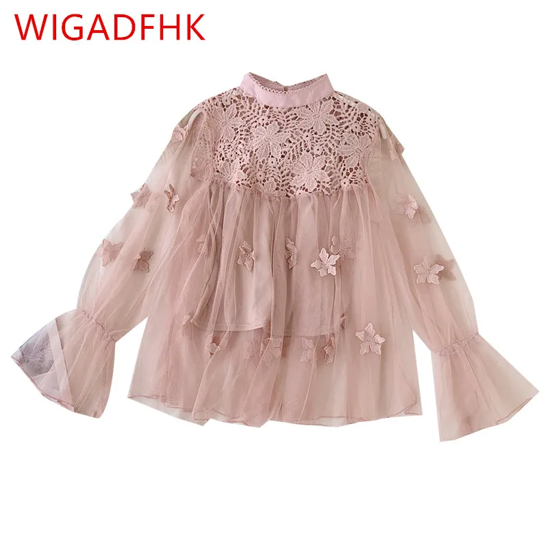 

Fashionable Western-style Shirts Long Sleeves Loose Lace Tops Three-dimensional Butterfly Mesh Baby Shirts Chic Tops