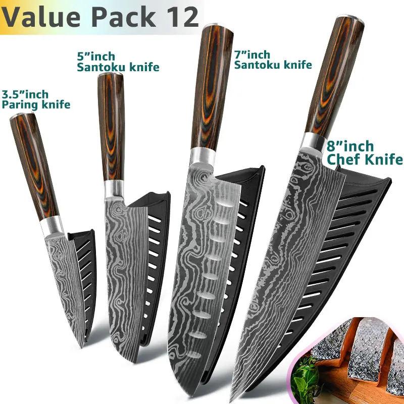 Value Pack 12 Кухонный нож 8 дюймов, японские ножи шеф-повара 7CR17 440C из высокоуглеродистой нержавеющей стали, дамасский чертежный универсальный набор сантоку, Кливер - Цвет: Value Pack 12