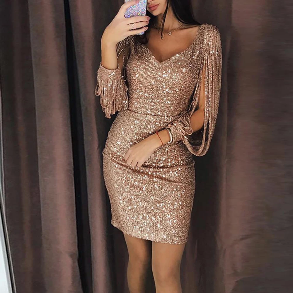 

Gold Sliver Black Sequined Long Sleeves Straight Cocktail Dresses Party Gown Sexy Women Dress
