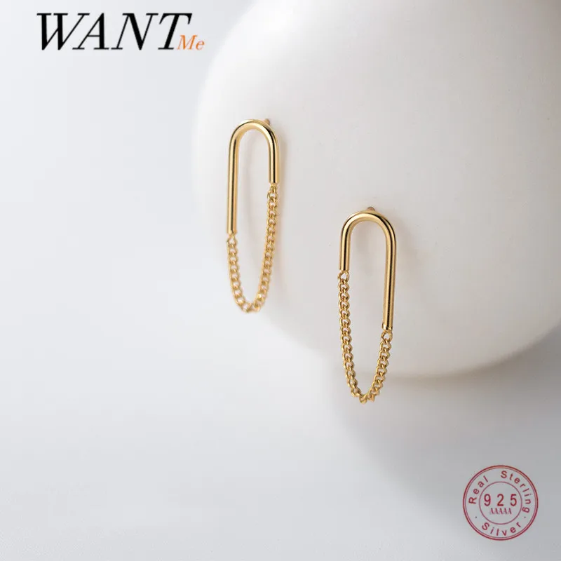 

WANTME Genuine 925 Sterling Silver Geometric Oval Baroque Chain Tassel Stud Earrings for Women Bohemian Charming Party Jewelry