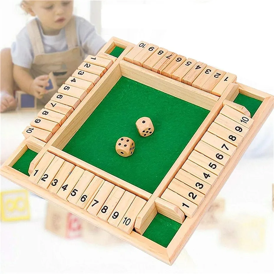 

Shut The Box Dice Board Game Traditional Four Sided Wooden 10 Numbers Dice Game Set Party Family Games for Adults Kids