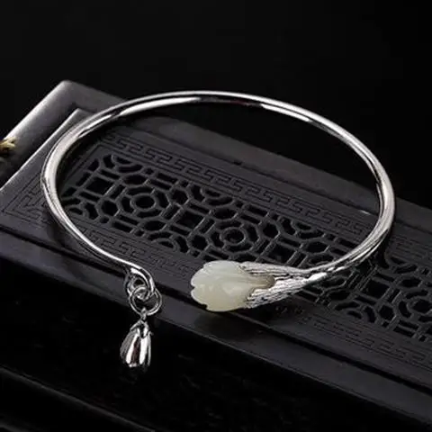 

Original S925 Sterling Silver Classical Natural Hetian Jade Magnolia Vintage and Little Fresh Women's Open-End Bangle Bracelet