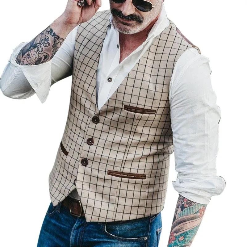 

Men Suit Vest Vintage Casual Plaid V-Neck Single Breasted Waistcoat Vests High Quality Slim Fit Party Wedding Dress Gilet Homme
