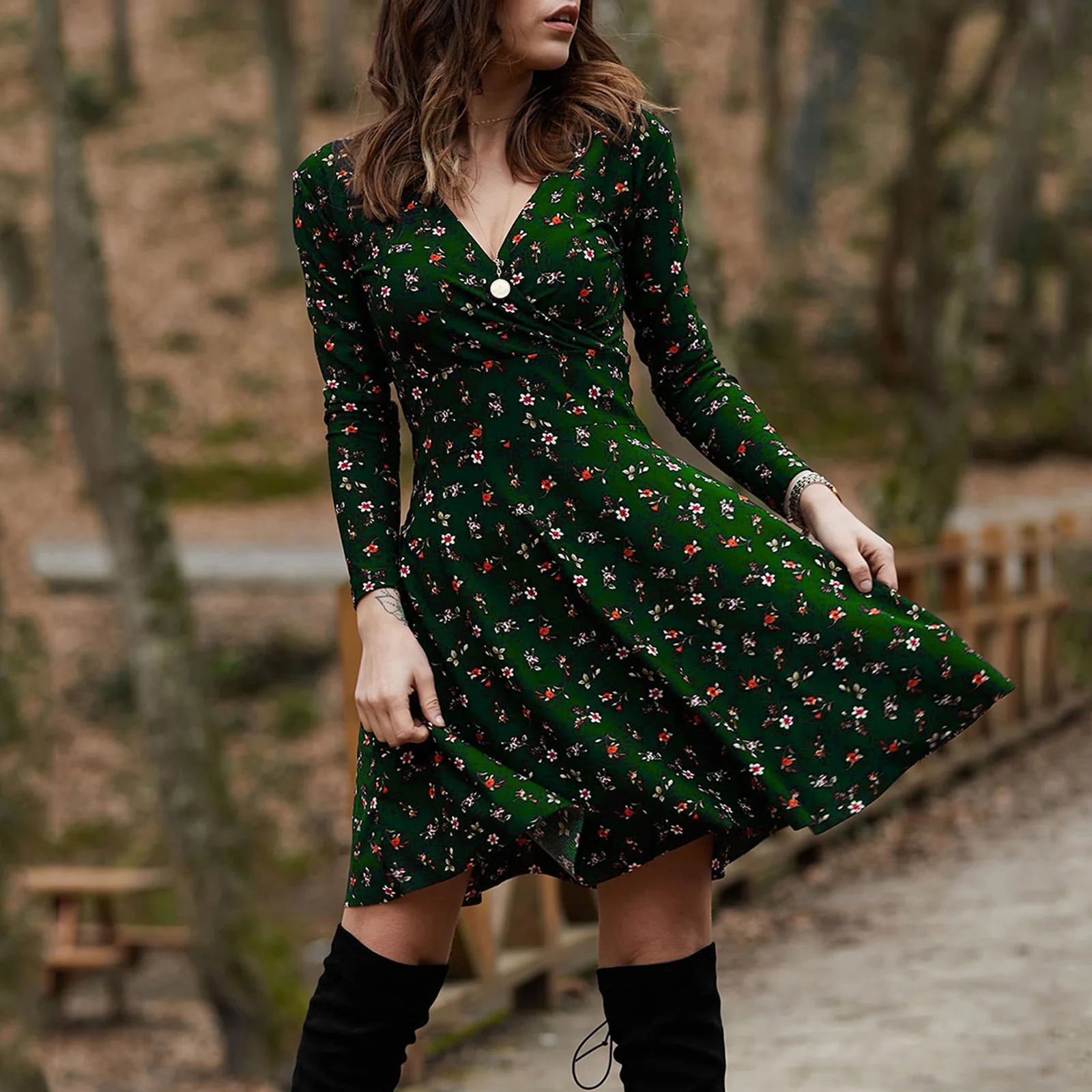 

Elegant vintage flower print flowy dress long sleeve v neck swing mini dress ladies 2021 fall fancy retro short vestido