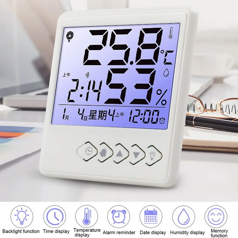 

LCD Digital Temperature Humidity Gauge Meter Home Indoor Outdoor Hygrometer Weather Station Clock with Backlight for Office Home