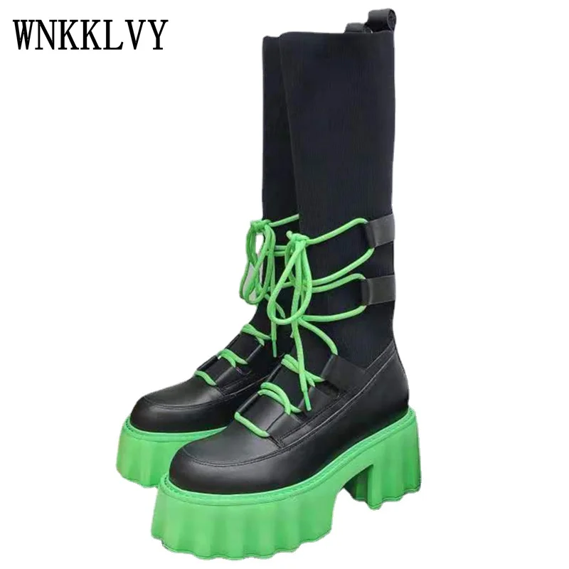 

2021 Autumn winter new socks boots women real leather thick bottom lace up long boots British style knitted fabric stretch boots