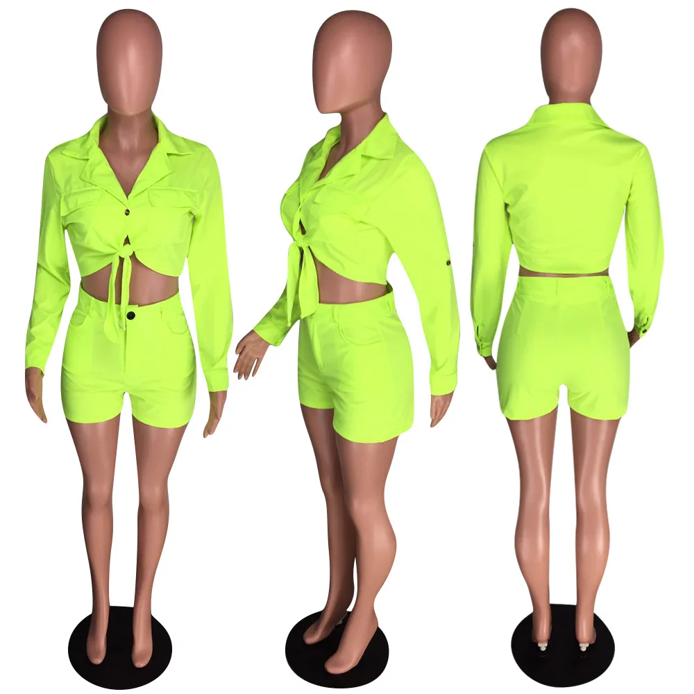 

Short Set for Women Summer 2020 Long Sleeve Crop Top Front Tie Top Bandage Shirt 2 Piece Two Piece Set Top and Shorts Pantalones