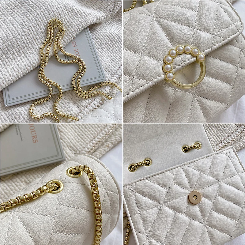 

Large Shoulder Bags For Women 2021 Pretty Beads Lock Chain Shoulder Strap Cross Body Bag With Stitching PU Leather Flap Black