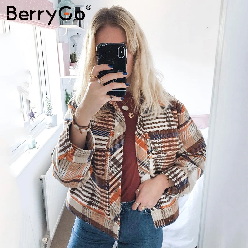 BerryGo винтажная уличная клетчатая куртка пальто Женская Повседневная с длинным рукавом безразмерная Дамская пальто осенне-зимняя верхняя одежда женские пальто