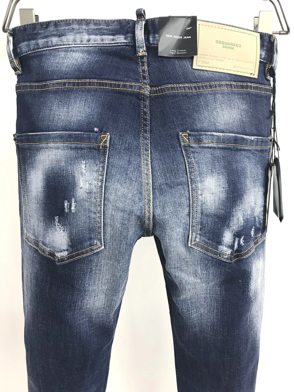 DSQUARED2 Men's/Women's Washed Blue Simple Slim-Fit Stretch Hole Patch Jeans  9818