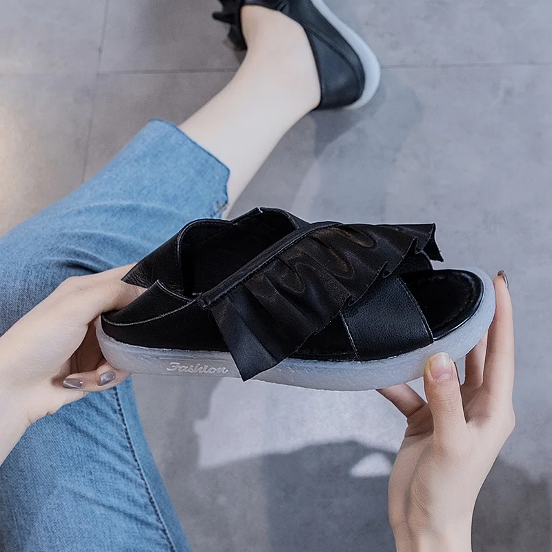 

Large size sandals women 2021 Amoi leather flat soft sole shoes with ruffled two-wear grandma shoes maternity shoes designer