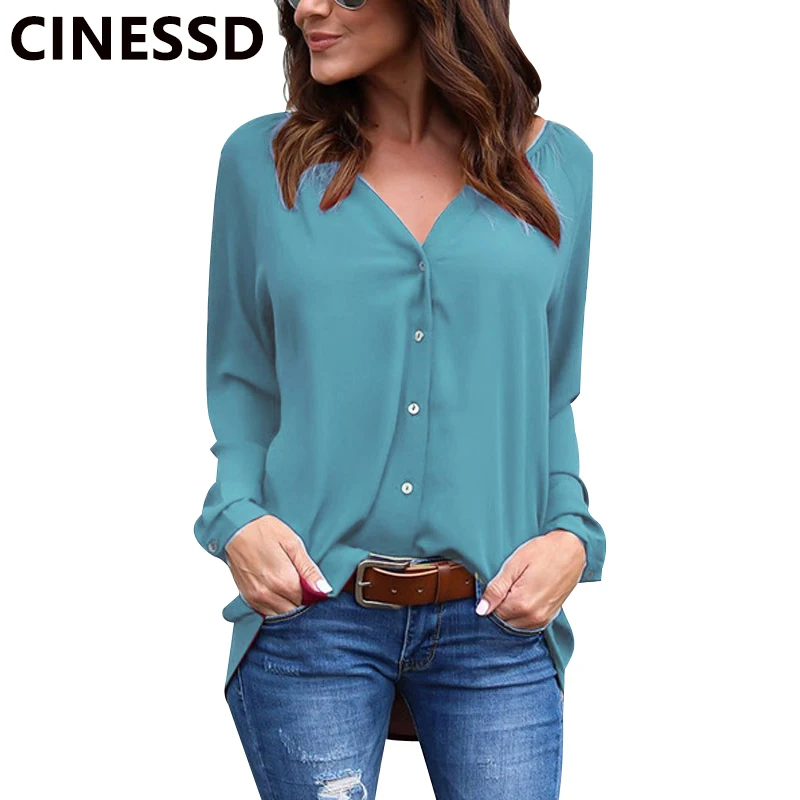 

CINESSD V Neck Ruched Button Chiffon Blouse Burgundy Women Long Sleeves Casual Tops Solid Draped Female Cardigan Plus Blouses