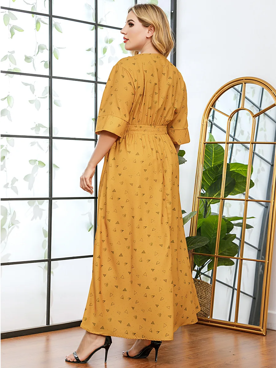 

Summer Dress 2021 Women O Neck Half Sleeve Printing High Waist Casual Dress Yellow Maxi Long Dresses Women Clothing