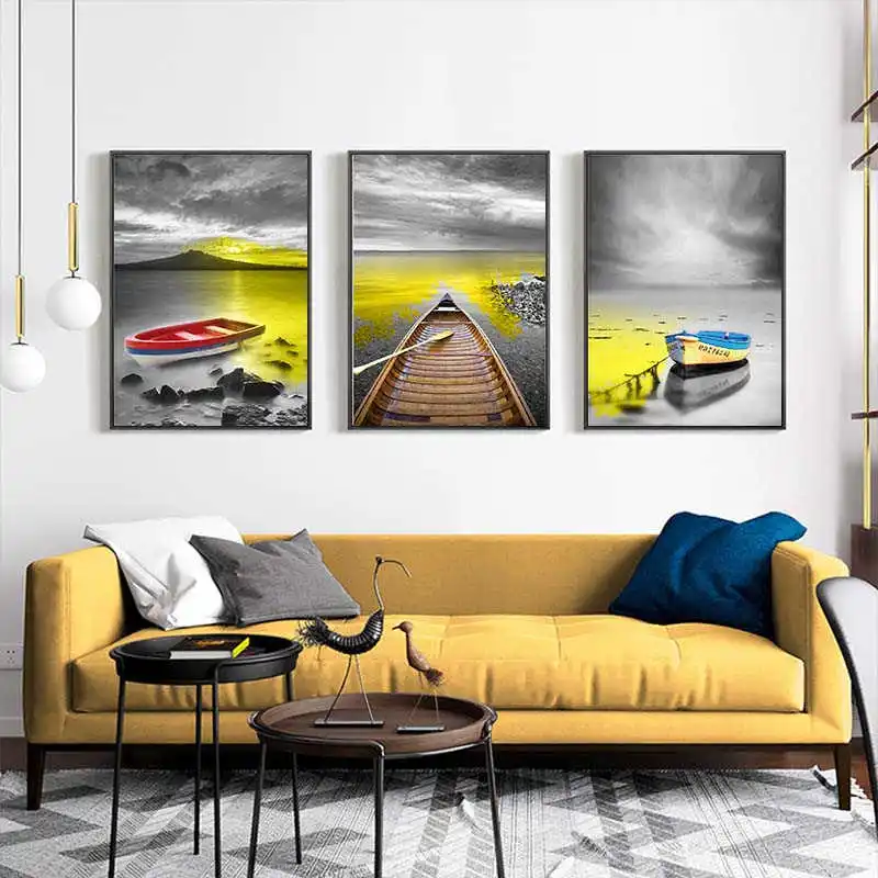 Художественные картины на холсте желтое озеро и лодка романтические постеры в